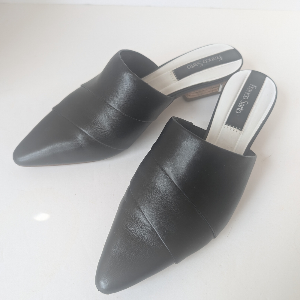 Franco Sarto Black Leather Pointed Toe Mules With Stacked Cork Heel